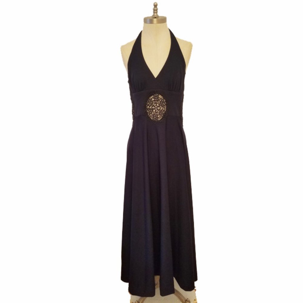 Vtg 70s Black Halter Crochet Cutout Maxi Dress S